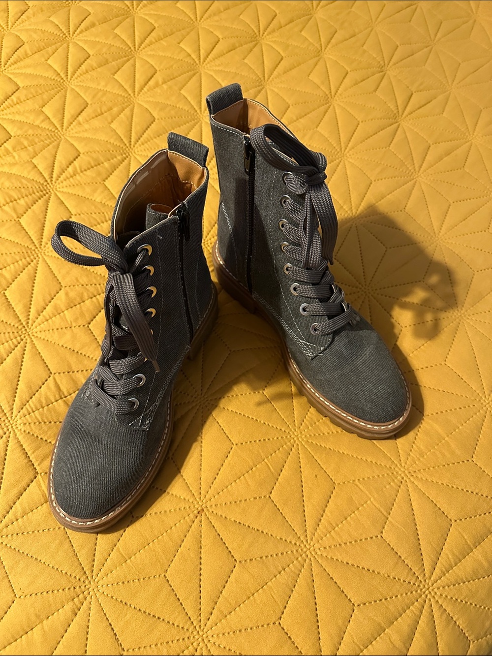 Sun + Stone Gray Lace-Up Canvas Combat Boots with Tan Sole